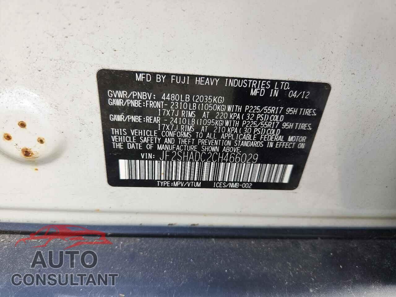 SUBARU FORESTER 2012 - JF2SHADC2CH466029