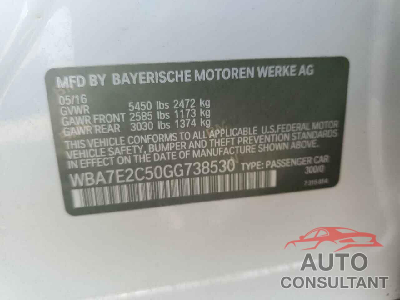 BMW 7 SERIES 2016 - WBA7E2C50GG738530