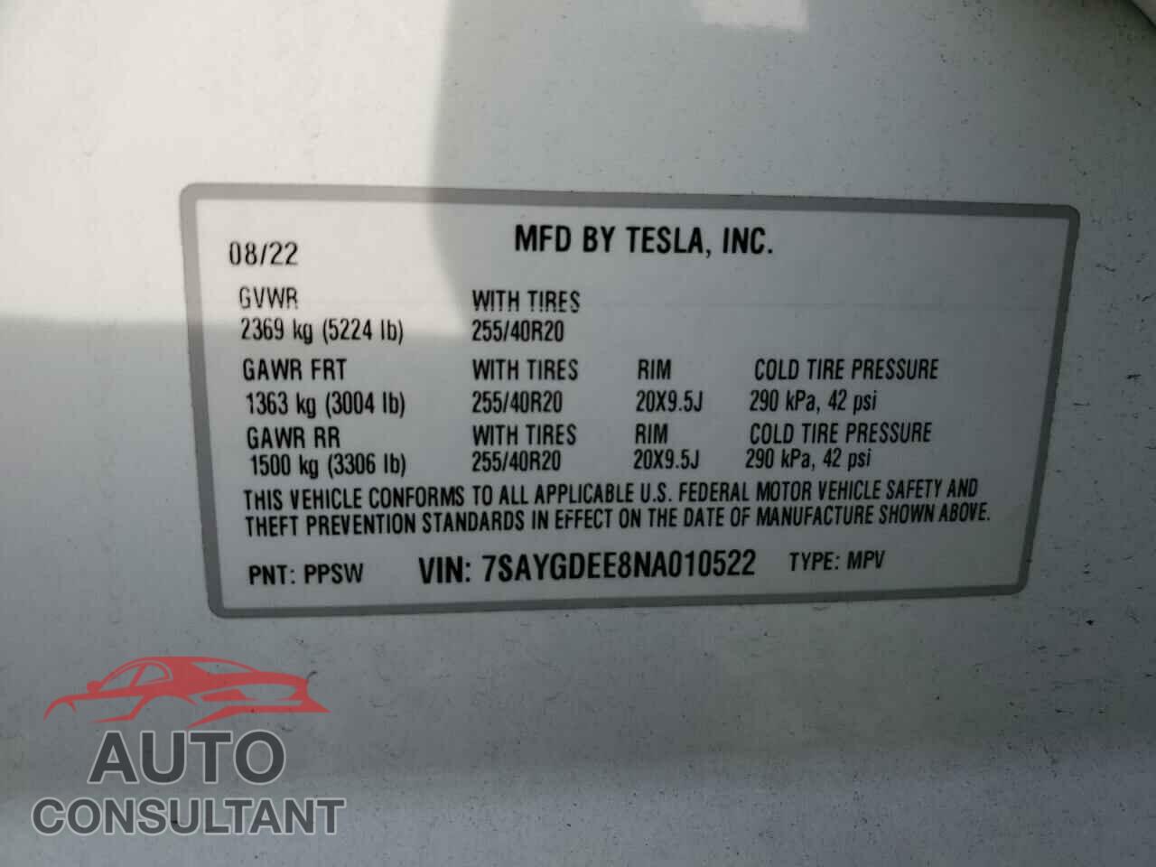 TESLA MODEL Y 2022 - 7SAYGDEE8NA010522
