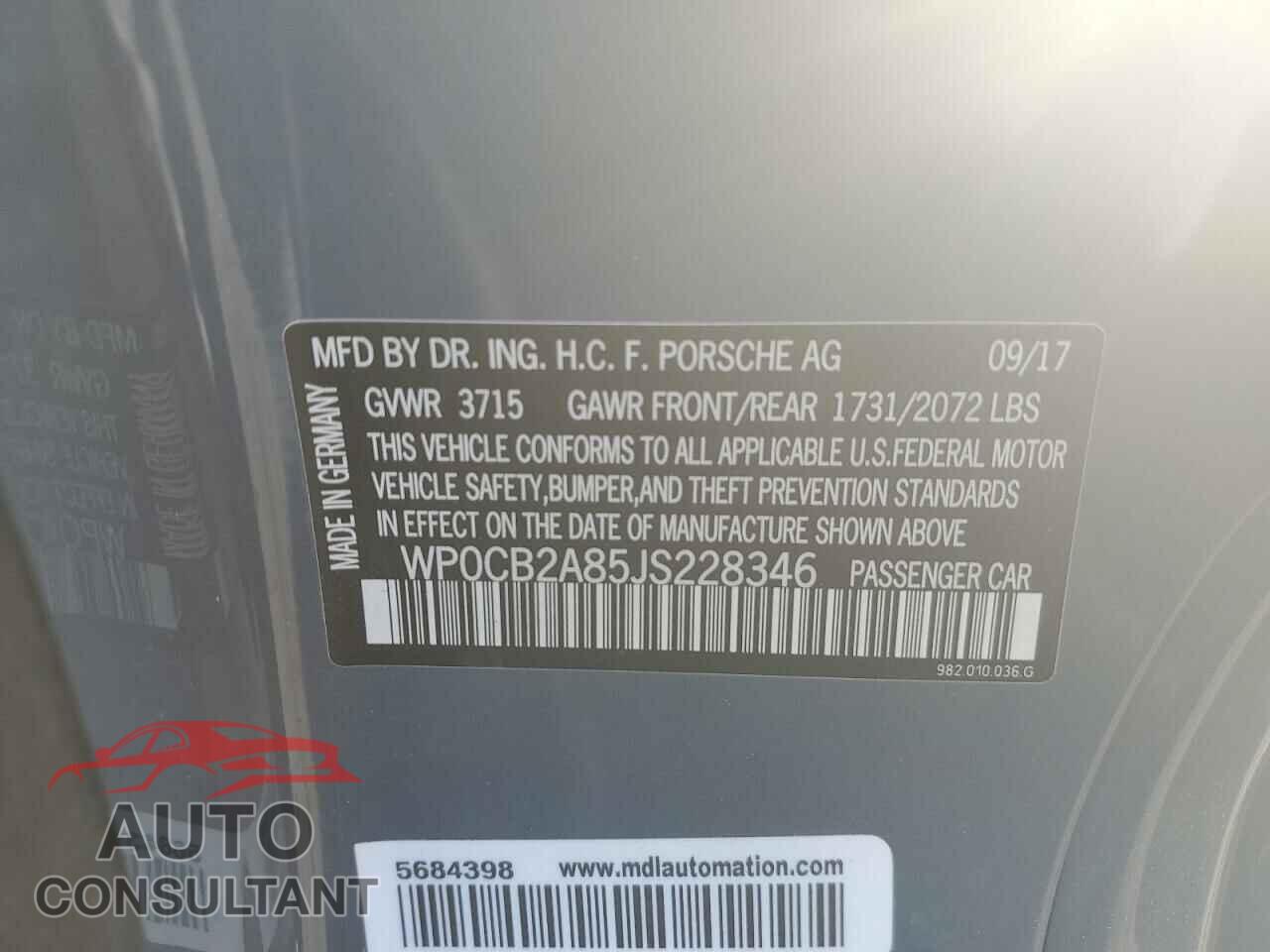 PORSCHE BOXSTER 2018 - WP0CB2A85JS228346