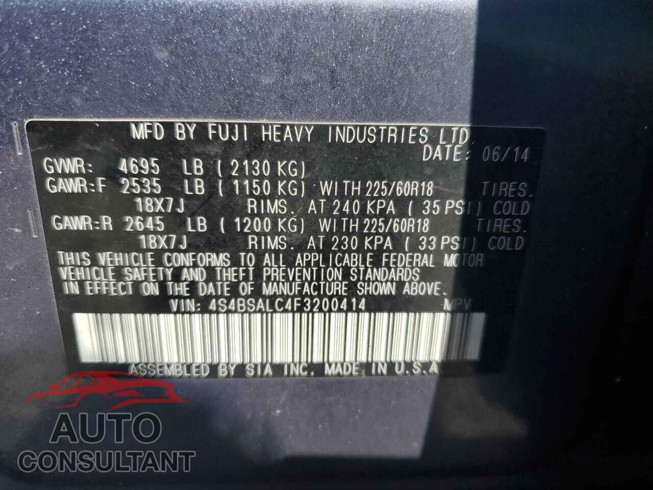 SUBARU OUTBACK 2015 - 4S4BSALC4F3200414