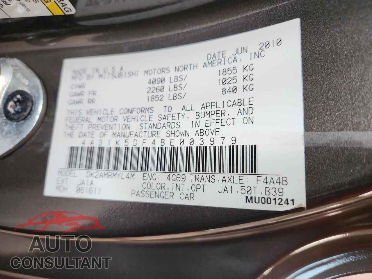 MITSUBISHI ECLIPSE 2011 - 4A31K5DF4BE003979
