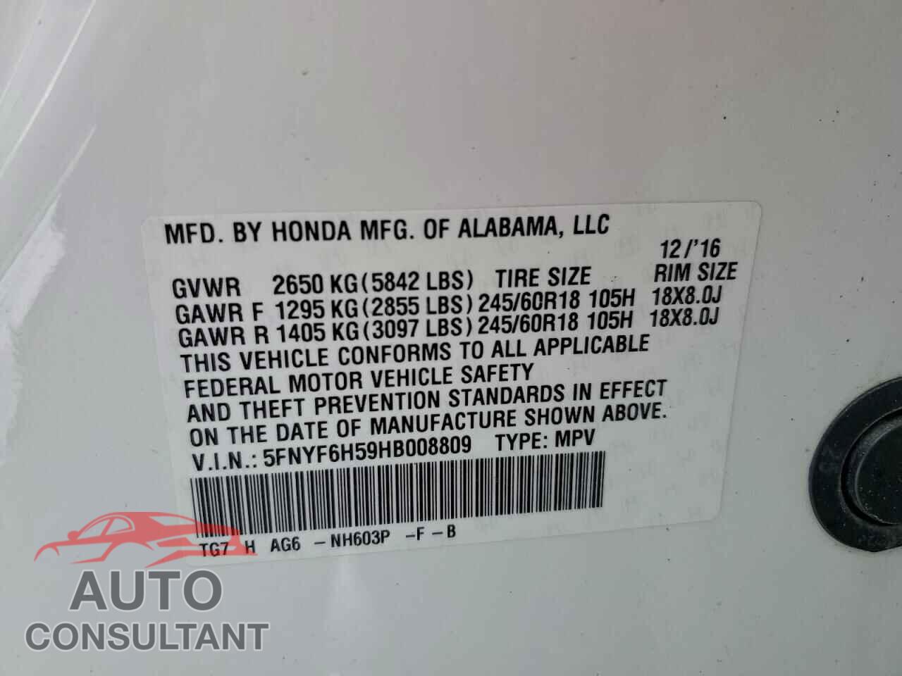 HONDA PILOT 2017 - 5FNYF6H59HB008809