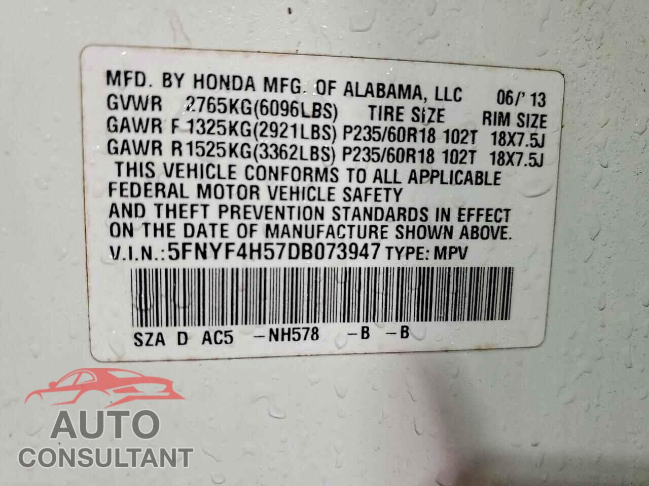 HONDA PILOT 2013 - 5FNYF4H57DB073947