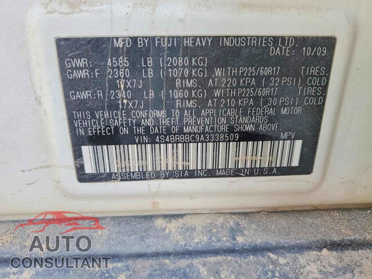 SUBARU OUTBACK 2010 - 4S4BRBBC9A3338509