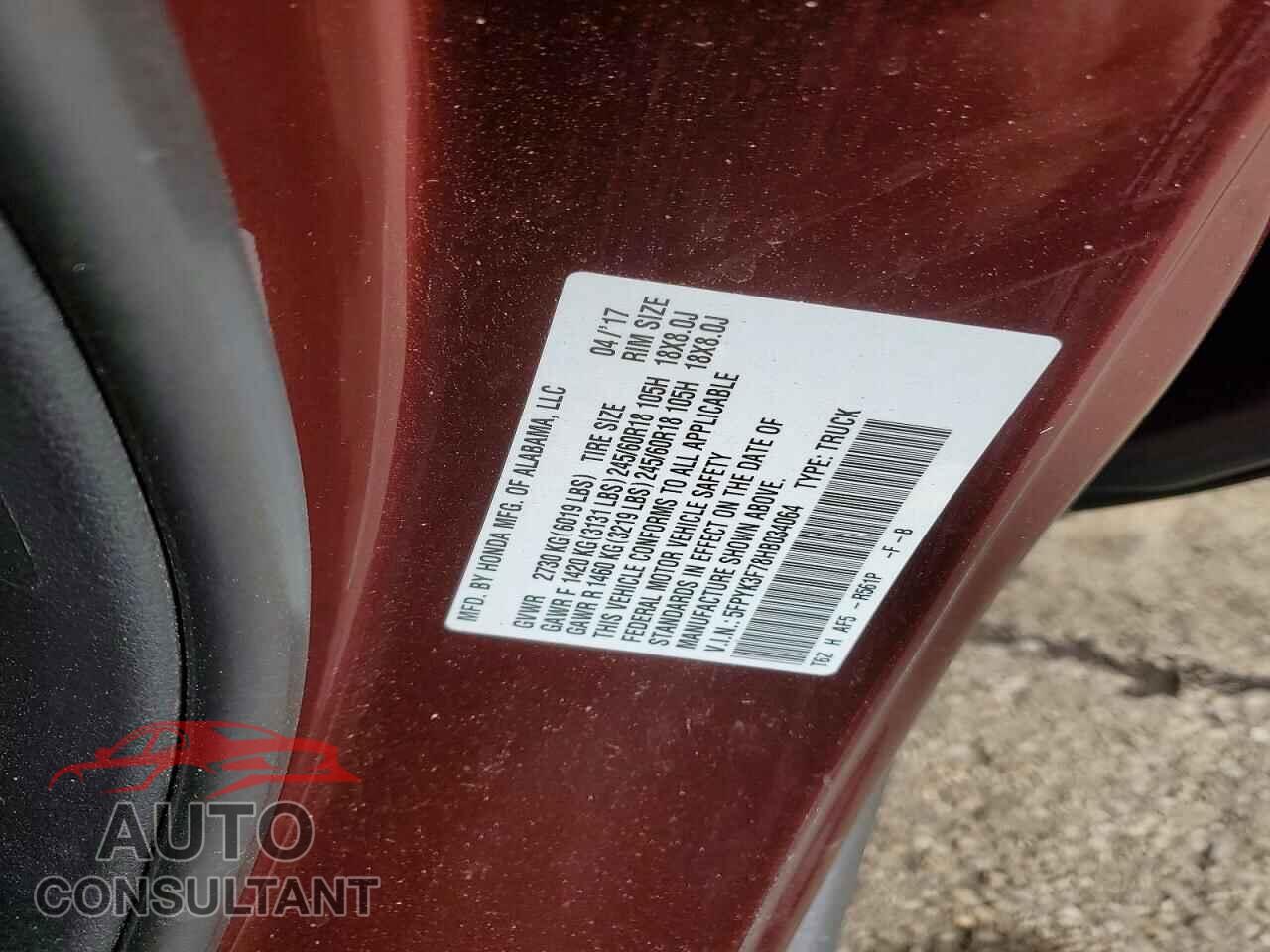HONDA RIDGELINE 2017 - 5FPYK3F78HB034064