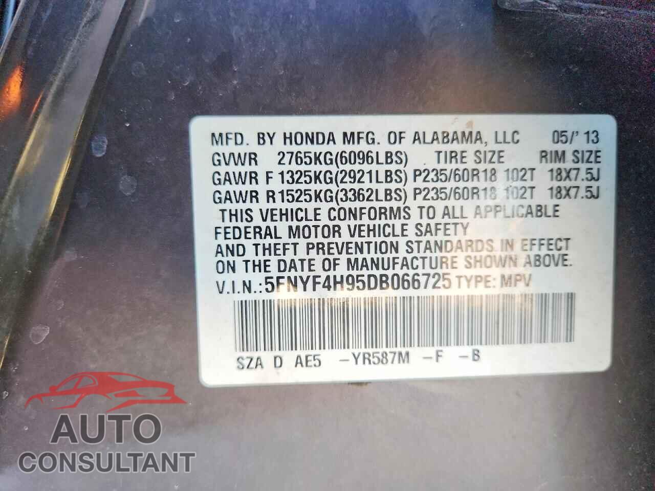 HONDA PILOT 2013 - 5FNYF4H95DB066725