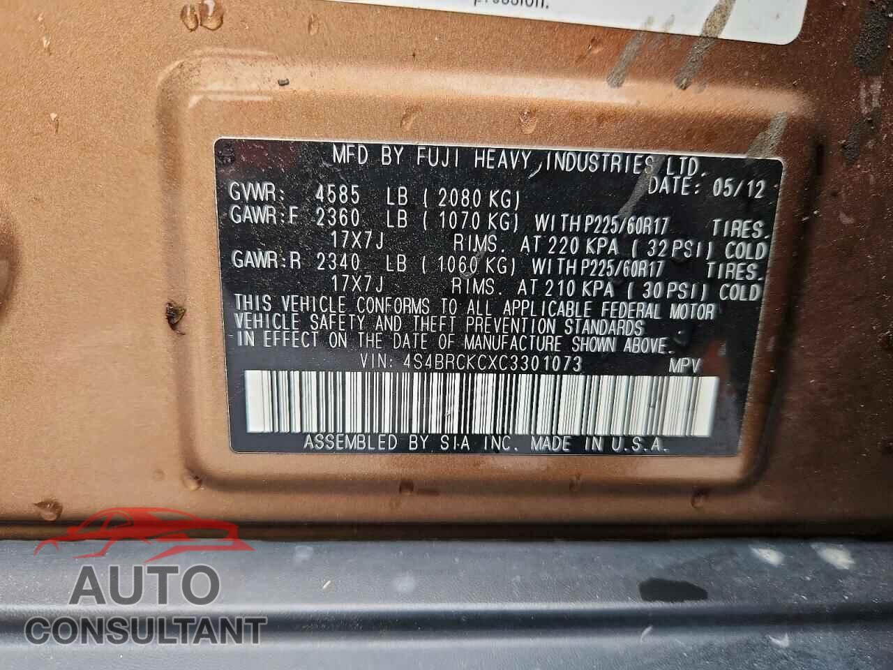 SUBARU OUTBACK 2012 - 4S4BRCKCXC3301073