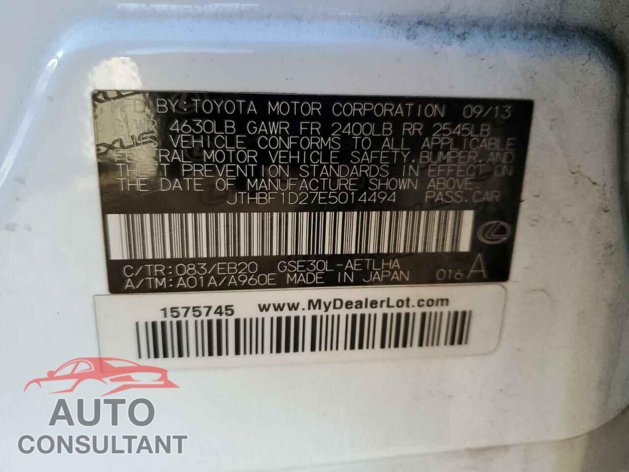 LEXUS IS 2014 - JTHBF1D27E5014494
