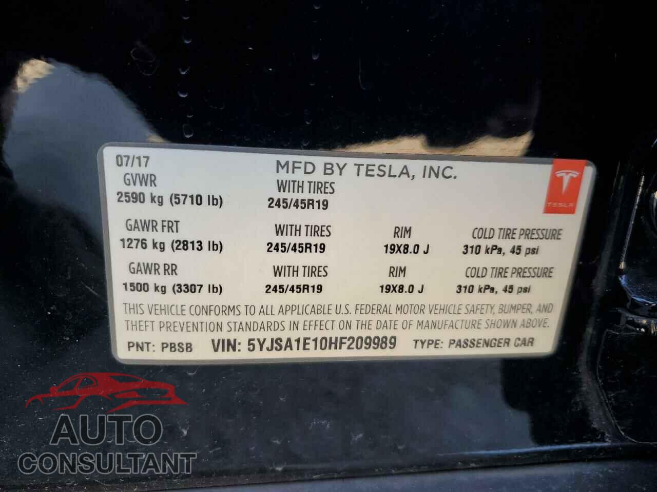 TESLA MODEL S 2017 - 5YJSA1E10HF209989