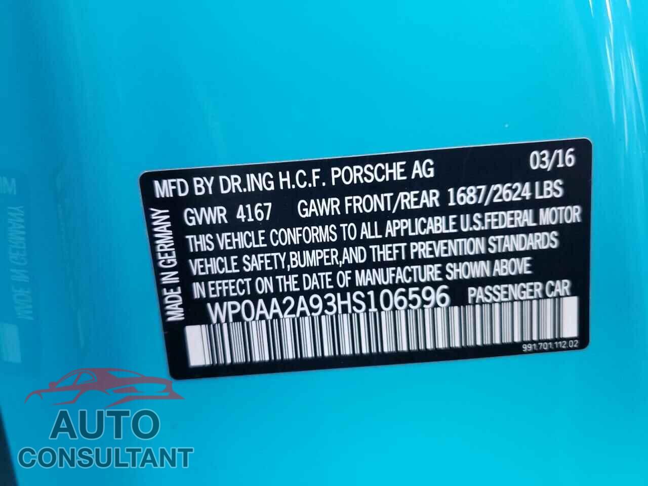 PORSCHE 911 2017 - WP0AA2A93HS106596