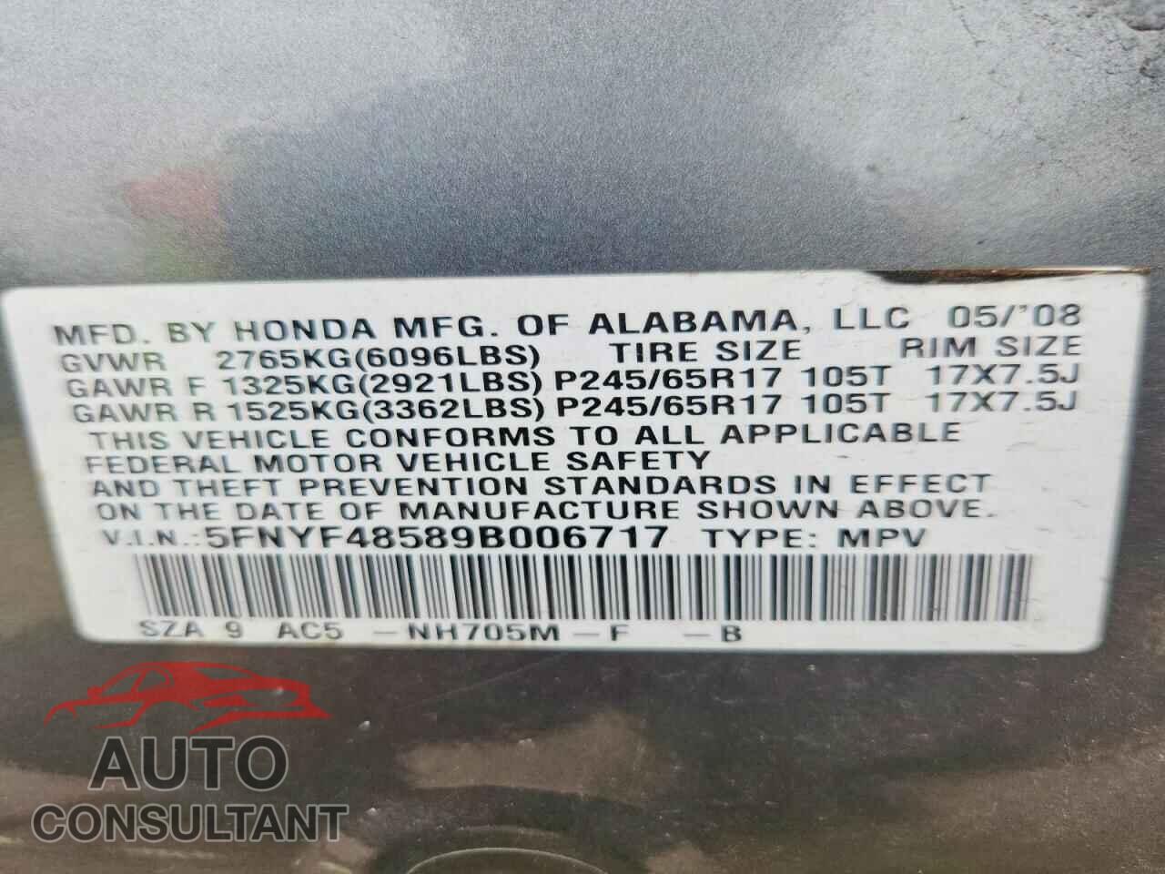 HONDA PILOT 2009 - 5FNYF48589B006717