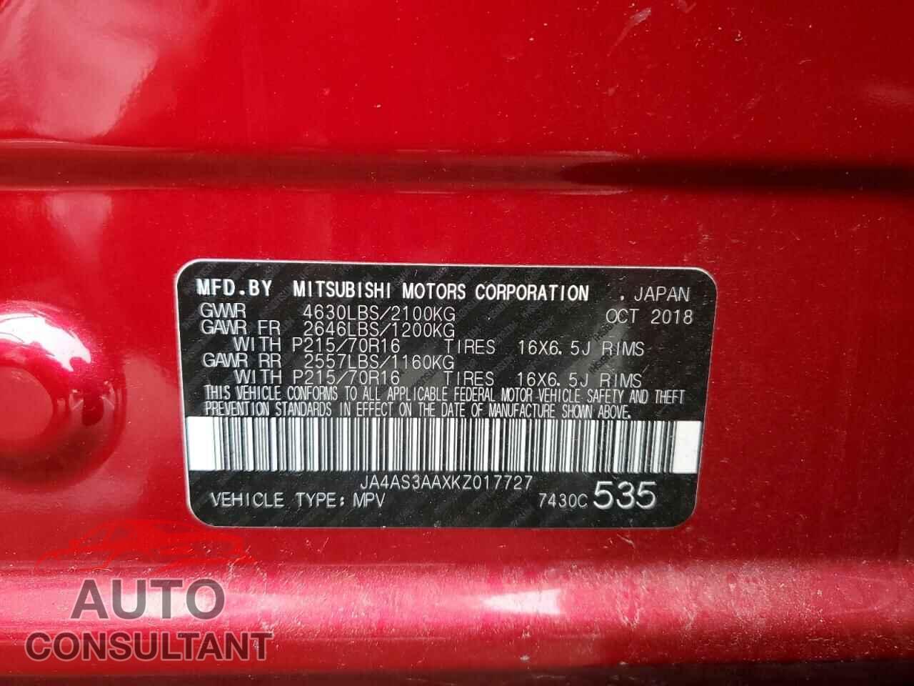MITSUBISHI ECLIPSE 2019 - JA4AS3AAXKZ017727