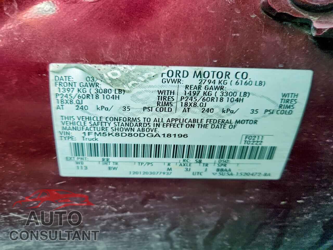 FORD EXPLORER 2013 - 1FM5K8D80DGA18196