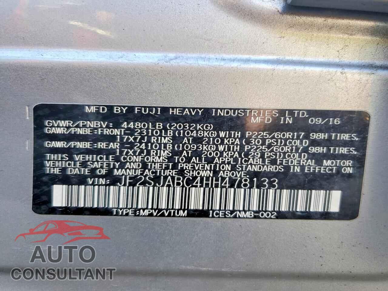 SUBARU FORESTER 2017 - JF2SJABC4HH478133