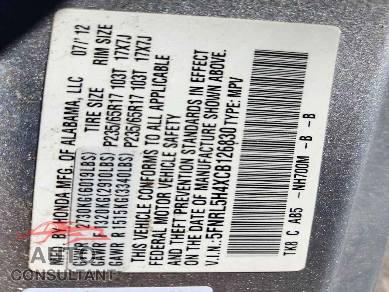 HONDA ODYSSEY 2012 - 5FNRL5H4XCB126830