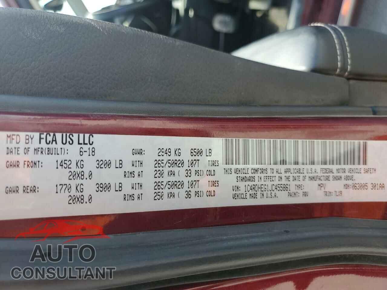 DODGE DURANGO 2018 - 1C4RDHEG1JC455861