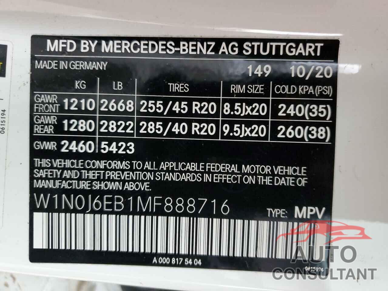 MERCEDES-BENZ GLC-CLASS 2021 - W1N0J6EB1MF888716