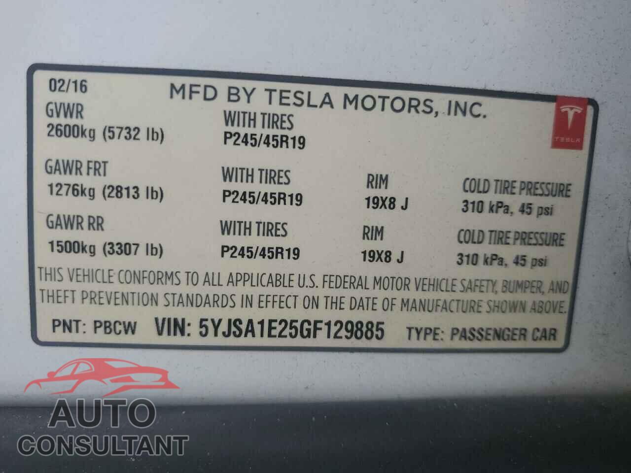 TESLA MODEL S 2016 - 5YJSA1E25GF129885