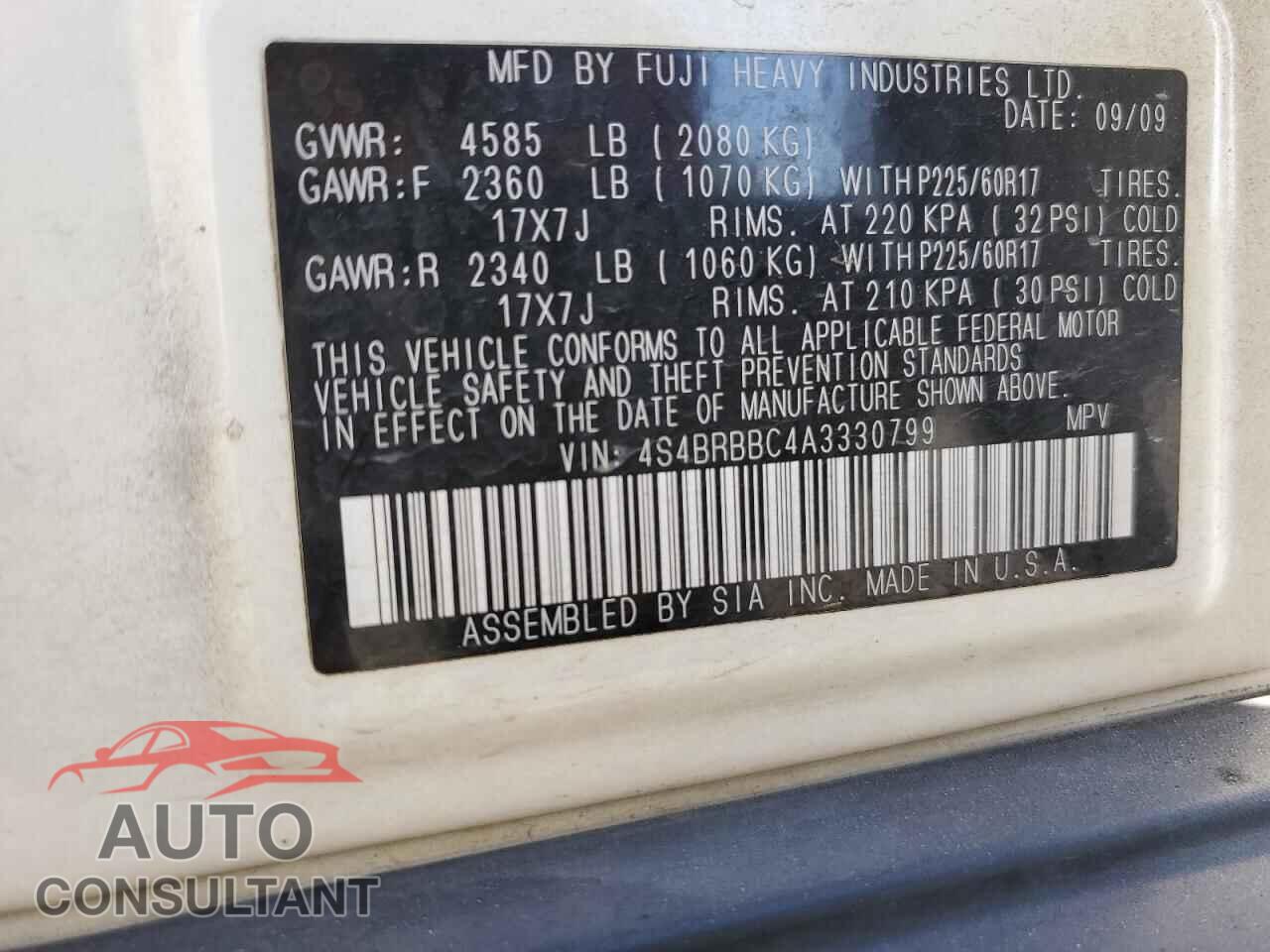 SUBARU OUTBACK 2010 - 4S4BRBBC4A3330799