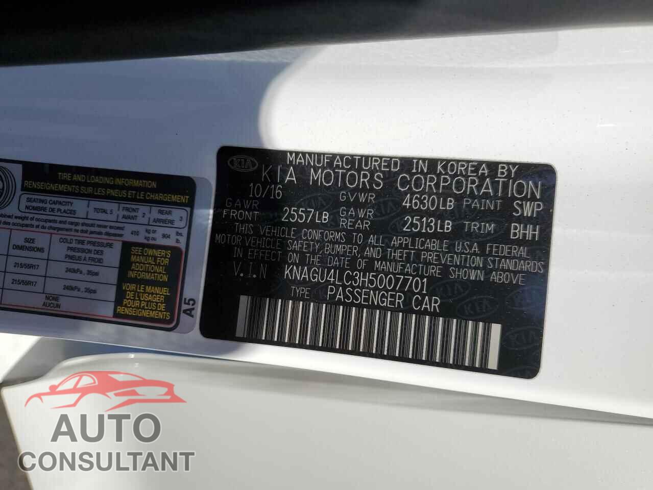 KIA OPTIMA 2017 - KNAGU4LC3H5007701