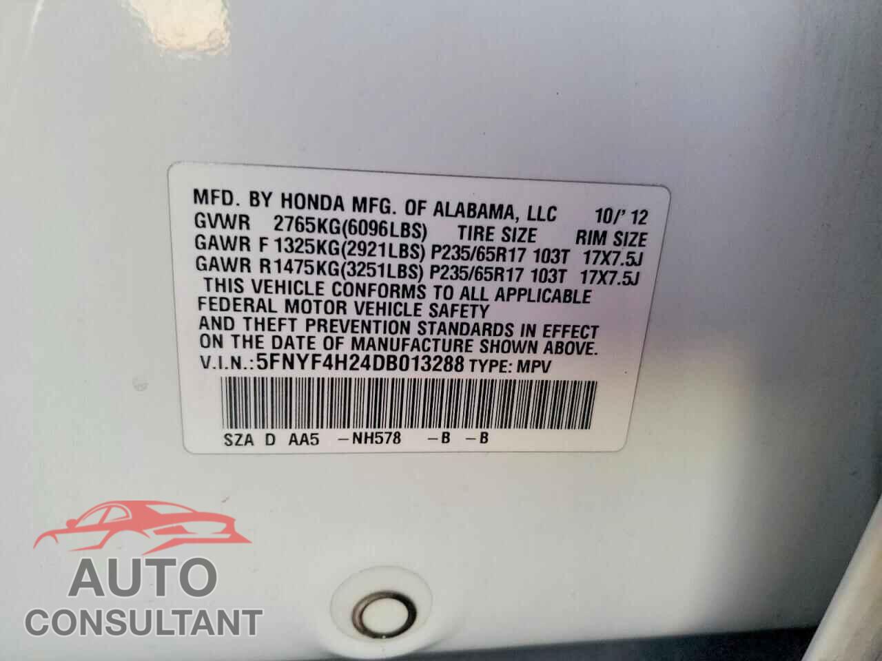 HONDA PILOT 2013 - 5FNYF4H24DB013288
