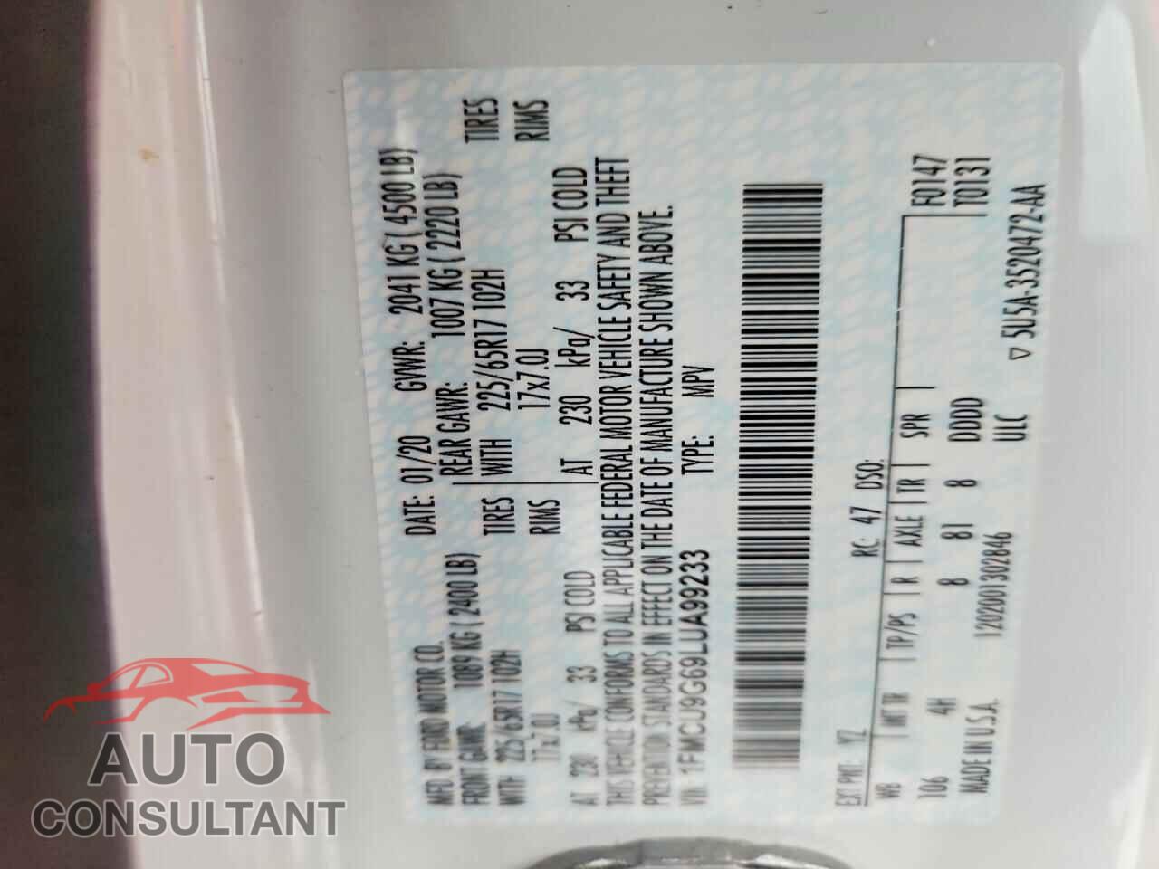 FORD ESCAPE 2020 - 1FMCU9G69LUA99233