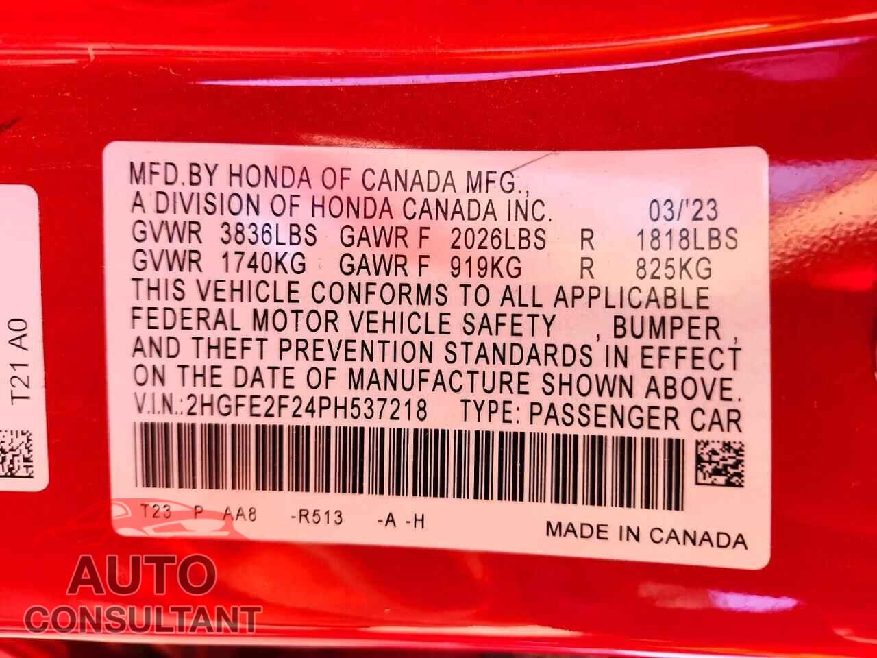 HONDA CIVIC 2023 - 2HGFE2F24PH537218