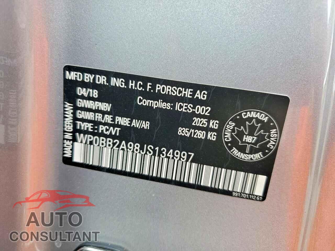 PORSCHE 911 2018 - WP0BB2A98JS134997