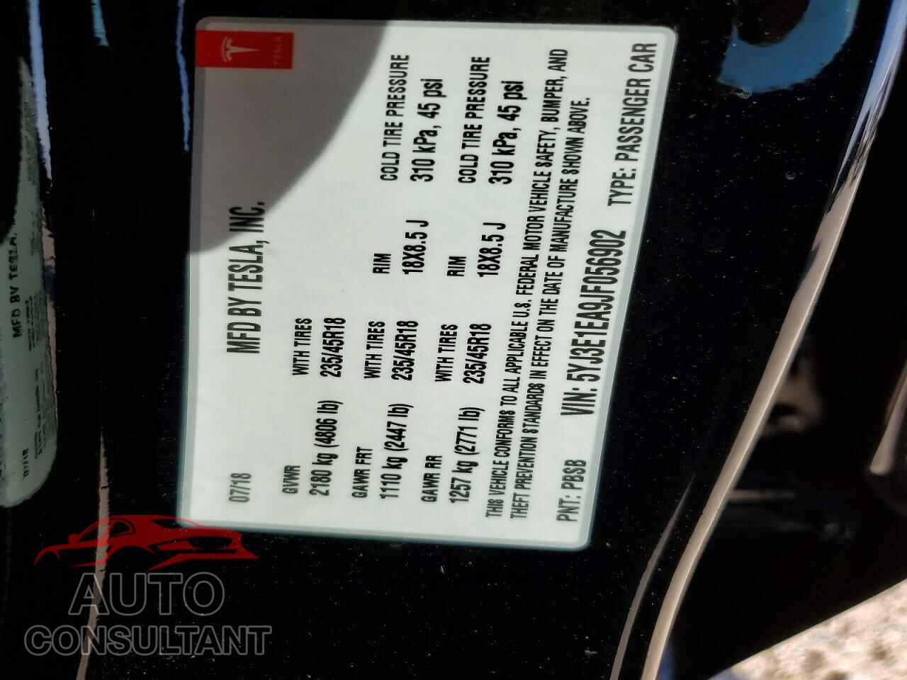 TESLA MODEL 3 2018 - 5YJ3E1EA9JF056902