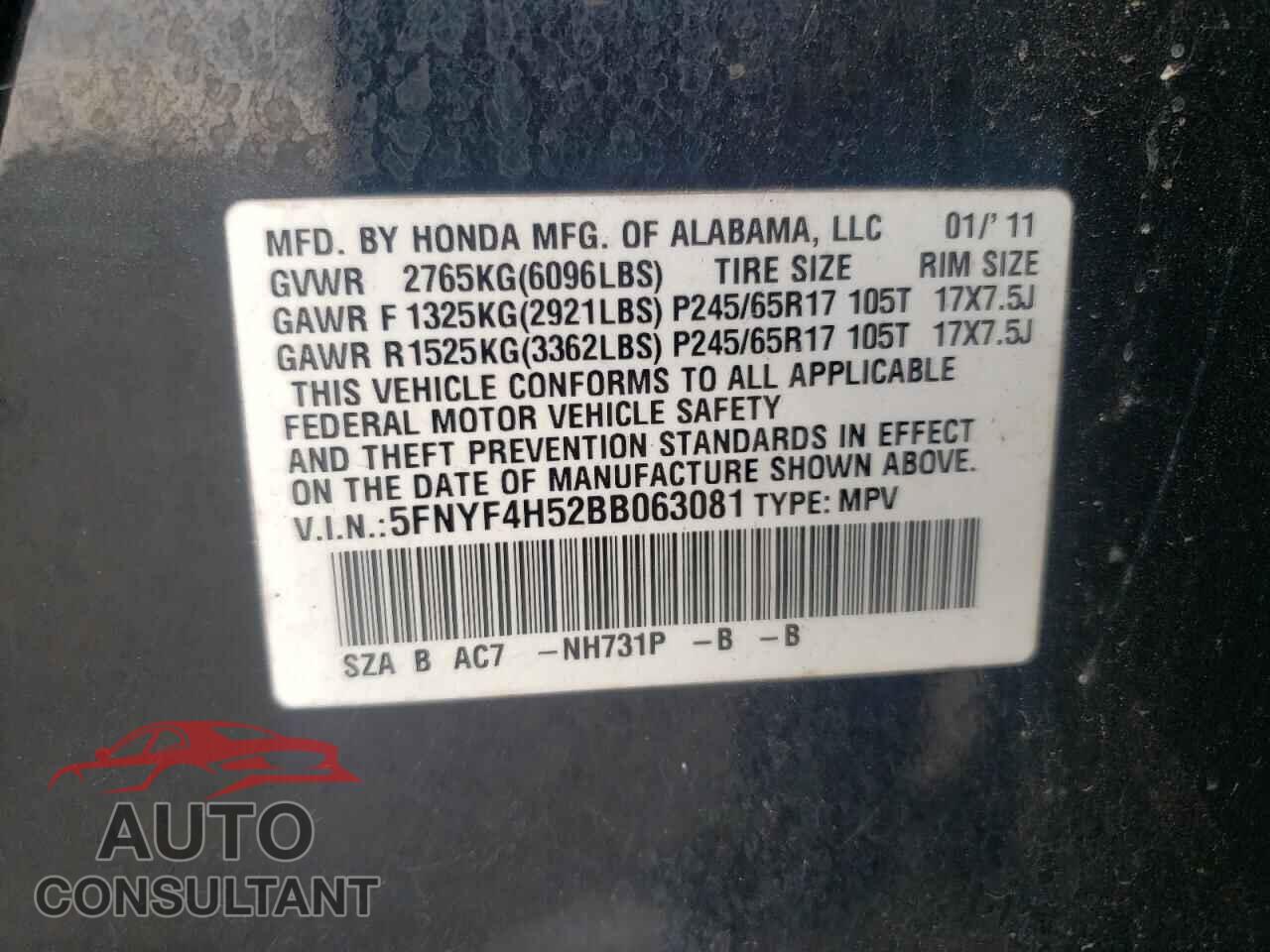 HONDA PILOT 2011 - 5FNYF4H52BB063081