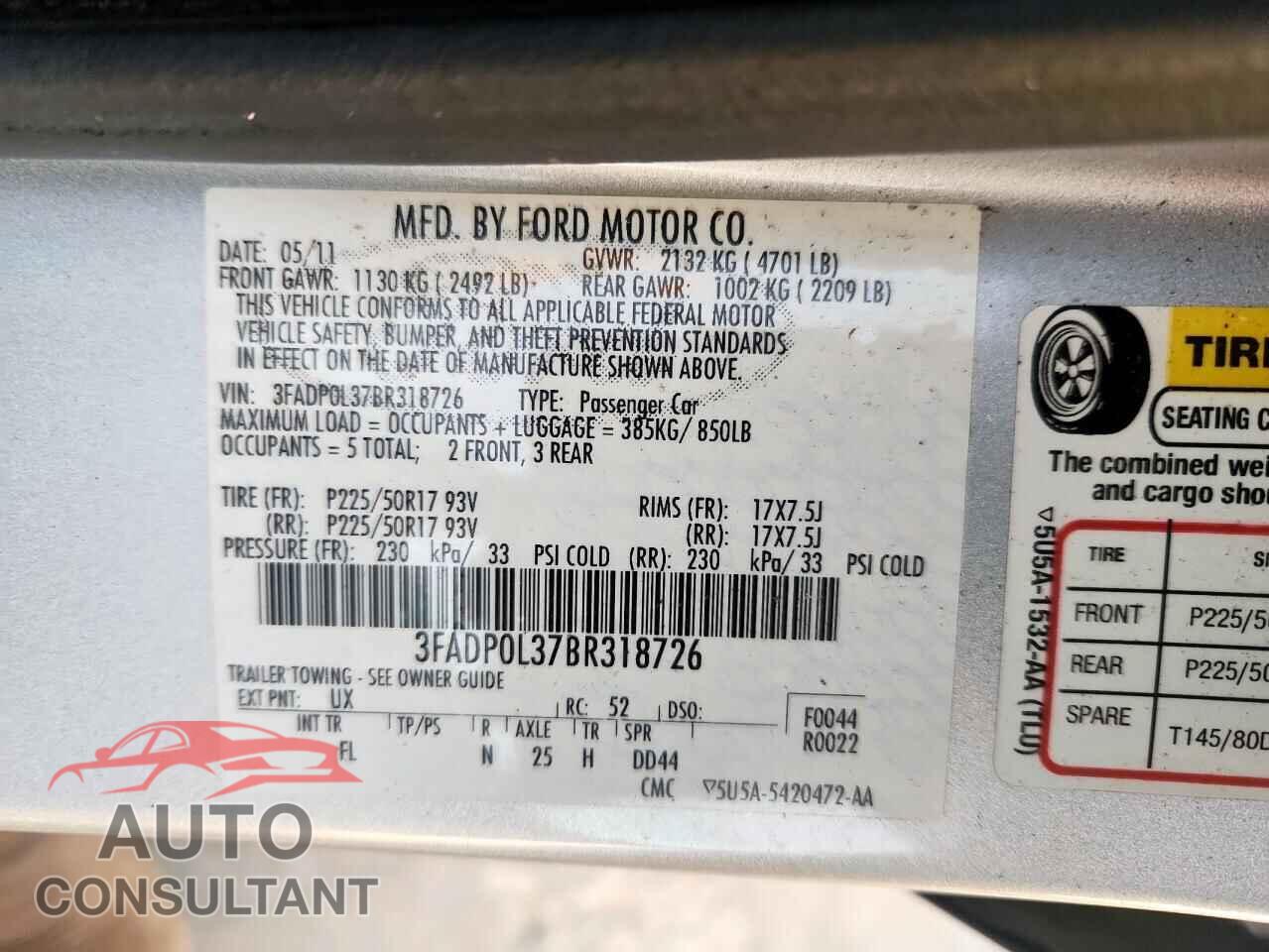 FORD FUSION 2011 - 3FADP0L37BR318726