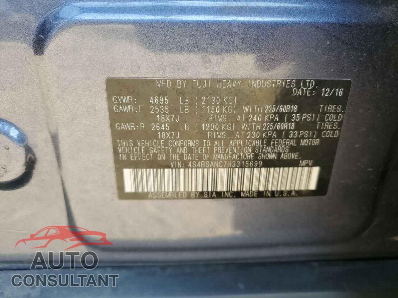 SUBARU OUTBACK 2017 - 4S4BSANC7H3315699