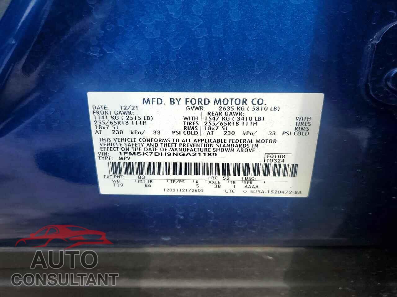 FORD EXPLORER 2022 - 1FMSK7DH9NGA21189