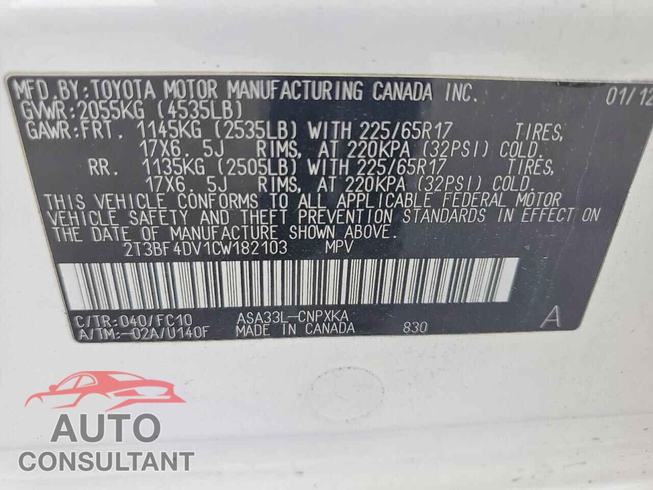 TOYOTA RAV4 2012 - 2T3BF4DV1CW182103