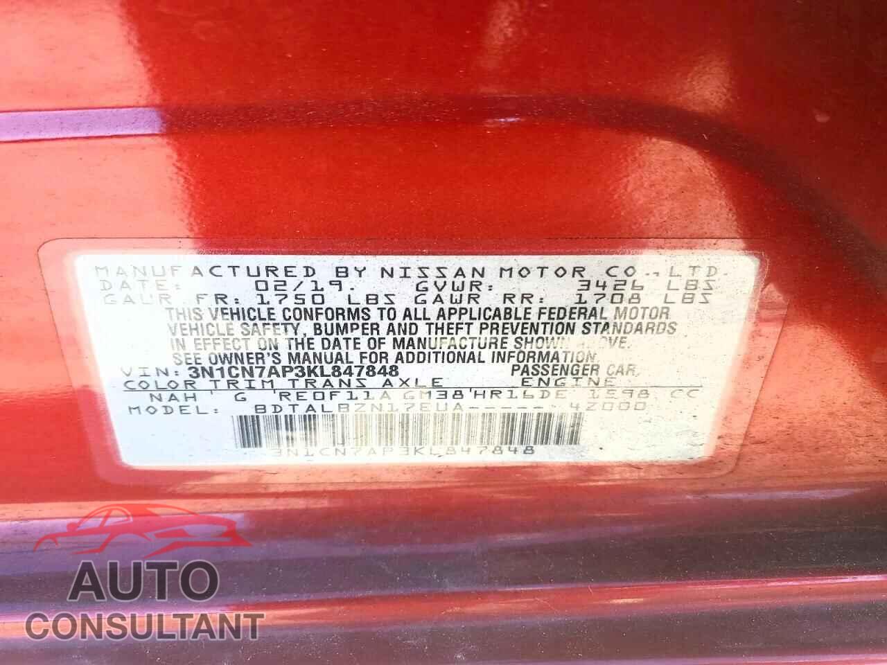 NISSAN VERSA 2019 - 3N1CN7AP3KL847848