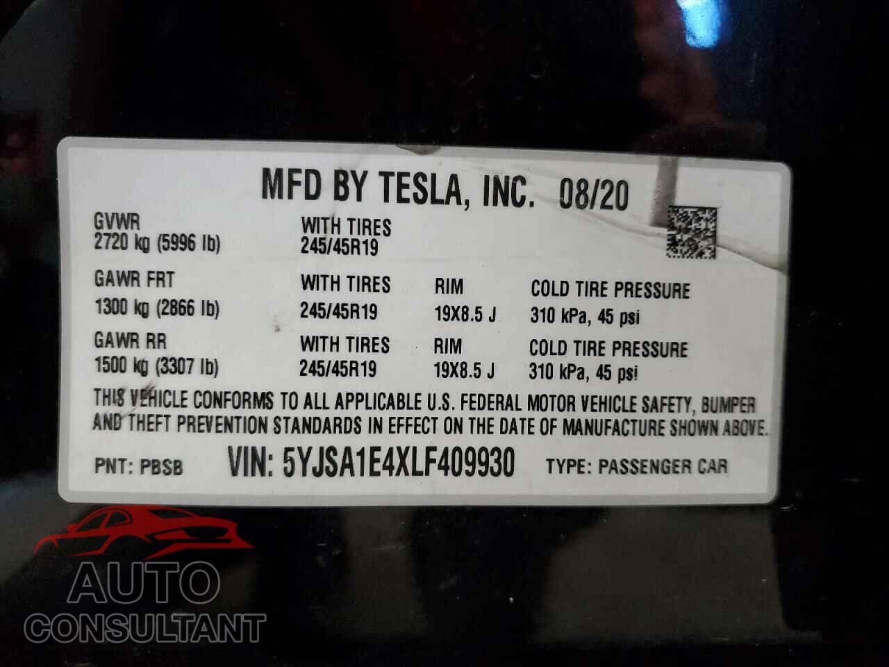 TESLA MODEL S 2020 - 5YJSA1E4XLF409930