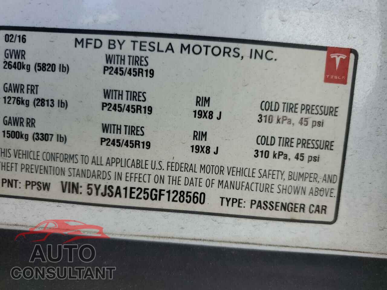 TESLA MODEL S 2016 - 5YJSA1E25GF128560
