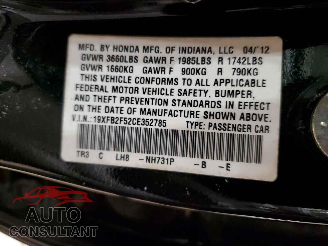 HONDA CIVIC 2012 - 19XFB2F52CE352785