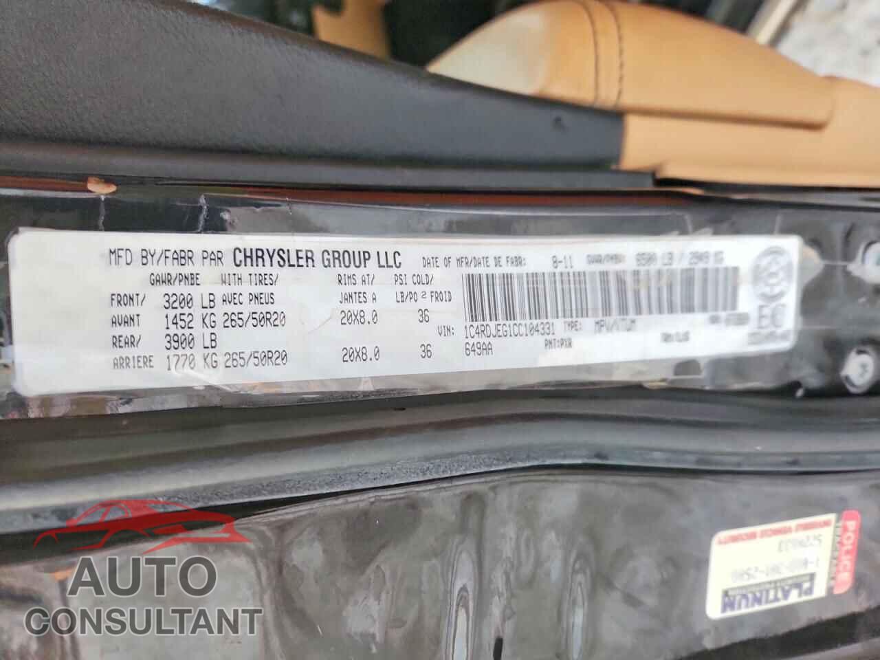 DODGE DURANGO 2012 - 1C4RDJEG1CC104331