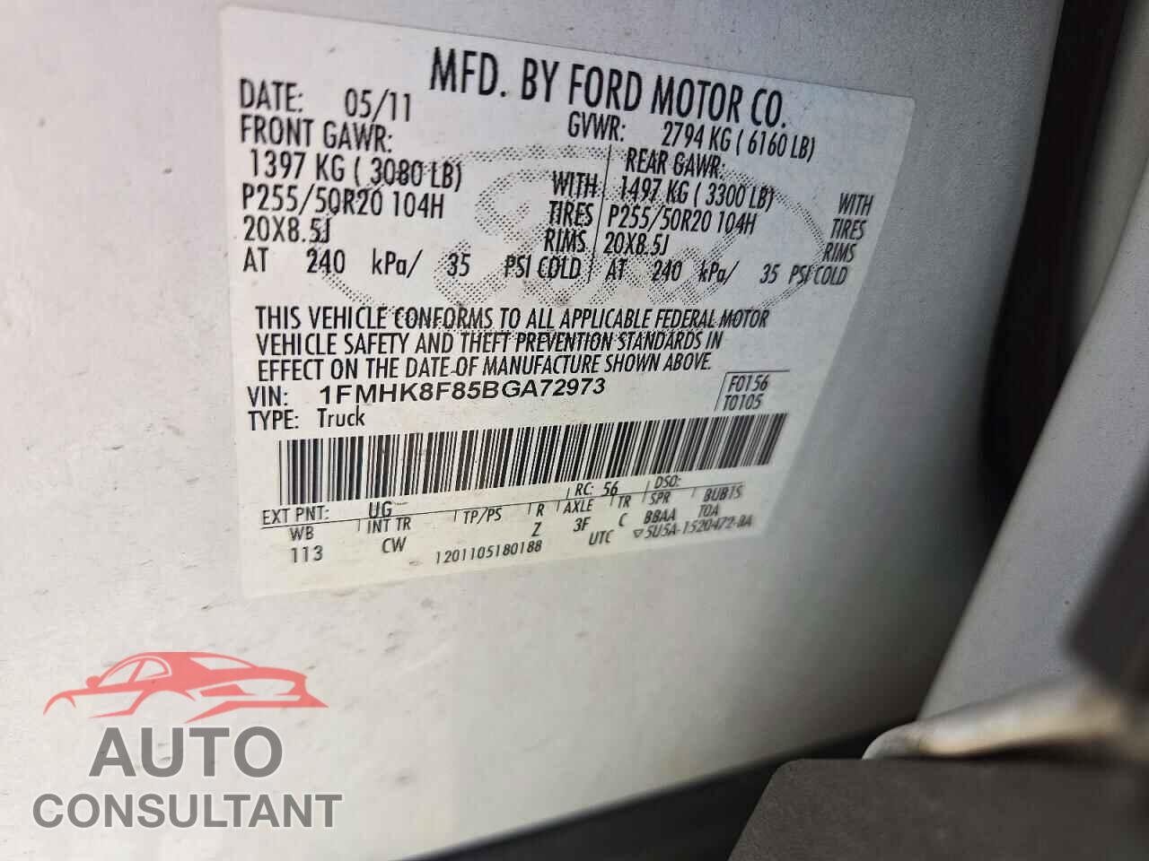 FORD EXPLORER 2011 - 1FMHK8F85BGA72973