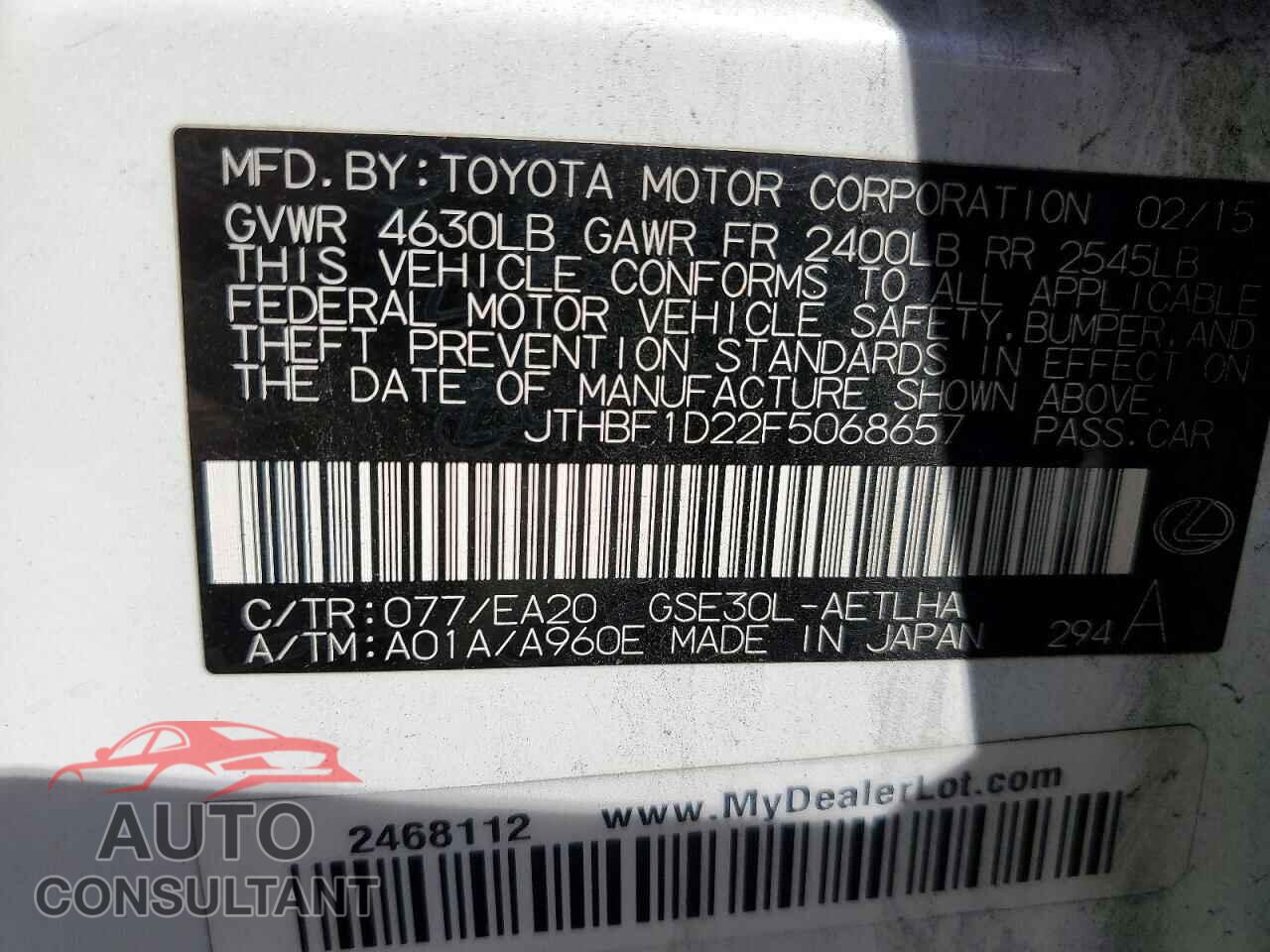 LEXUS IS 2015 - JTHBF1D22F5068657