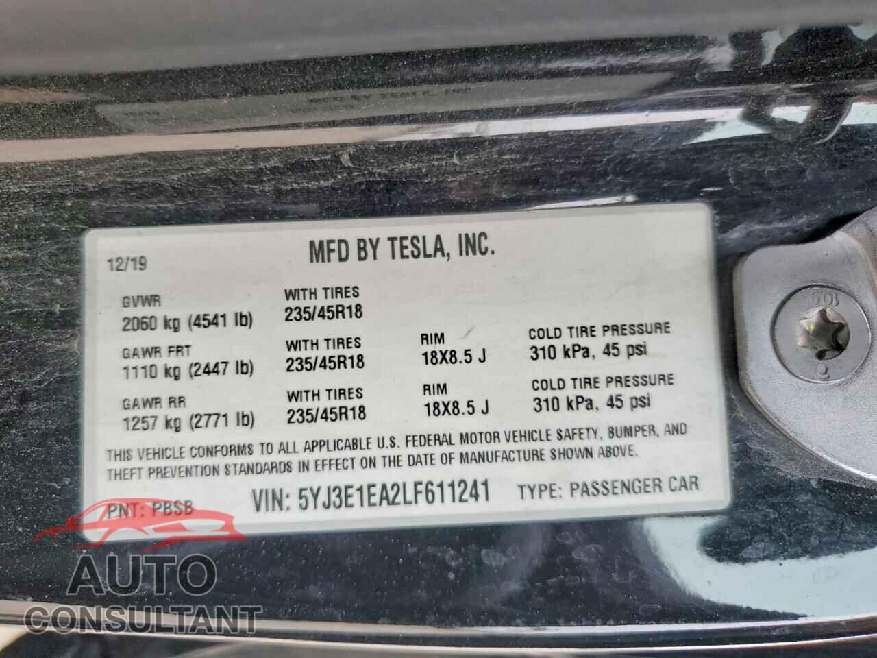 TESLA MODEL 3 2020 - 5YJ3E1EA2LF611241