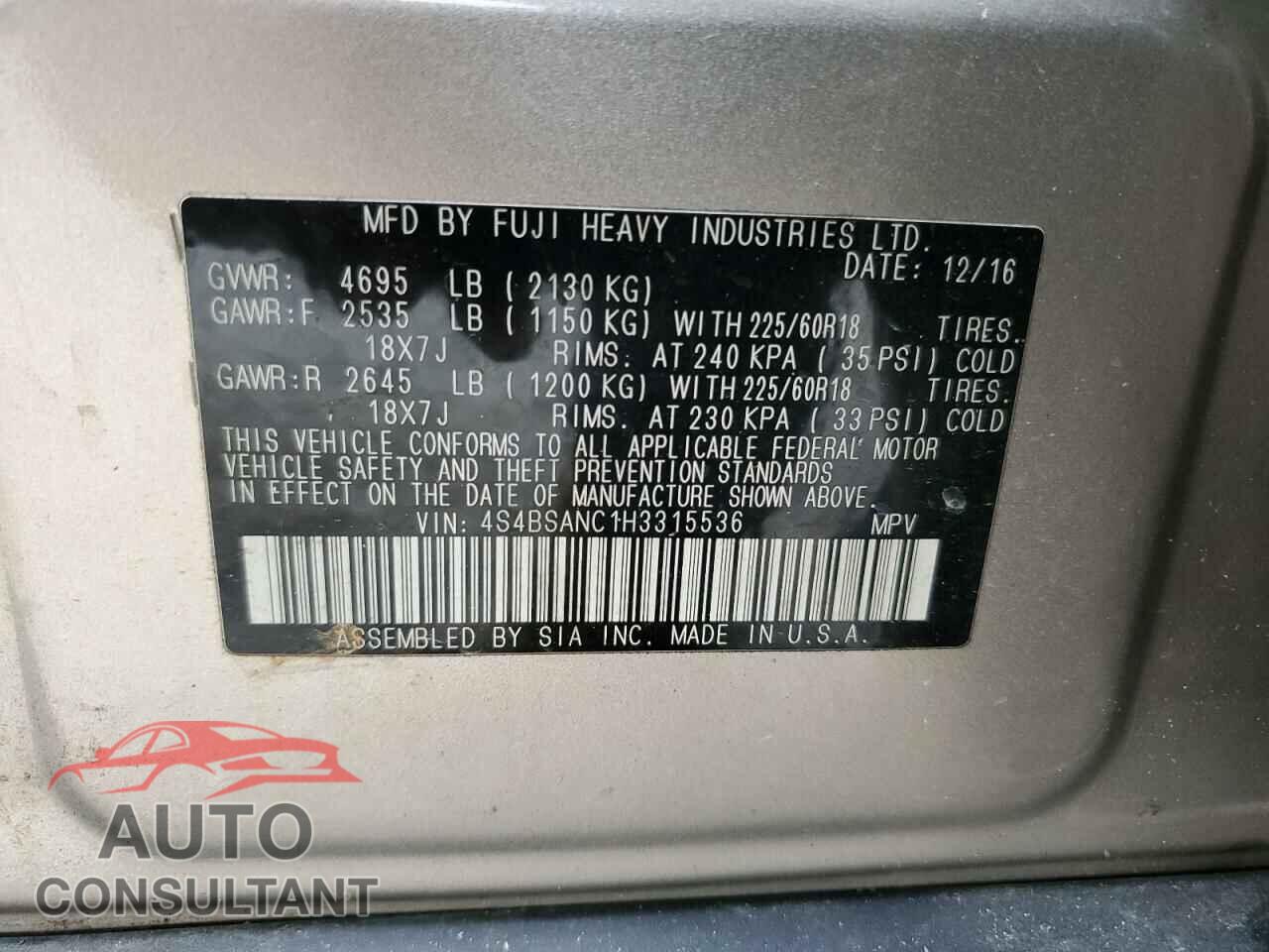 SUBARU OUTBACK 2017 - 4S4BSANC1H3315536