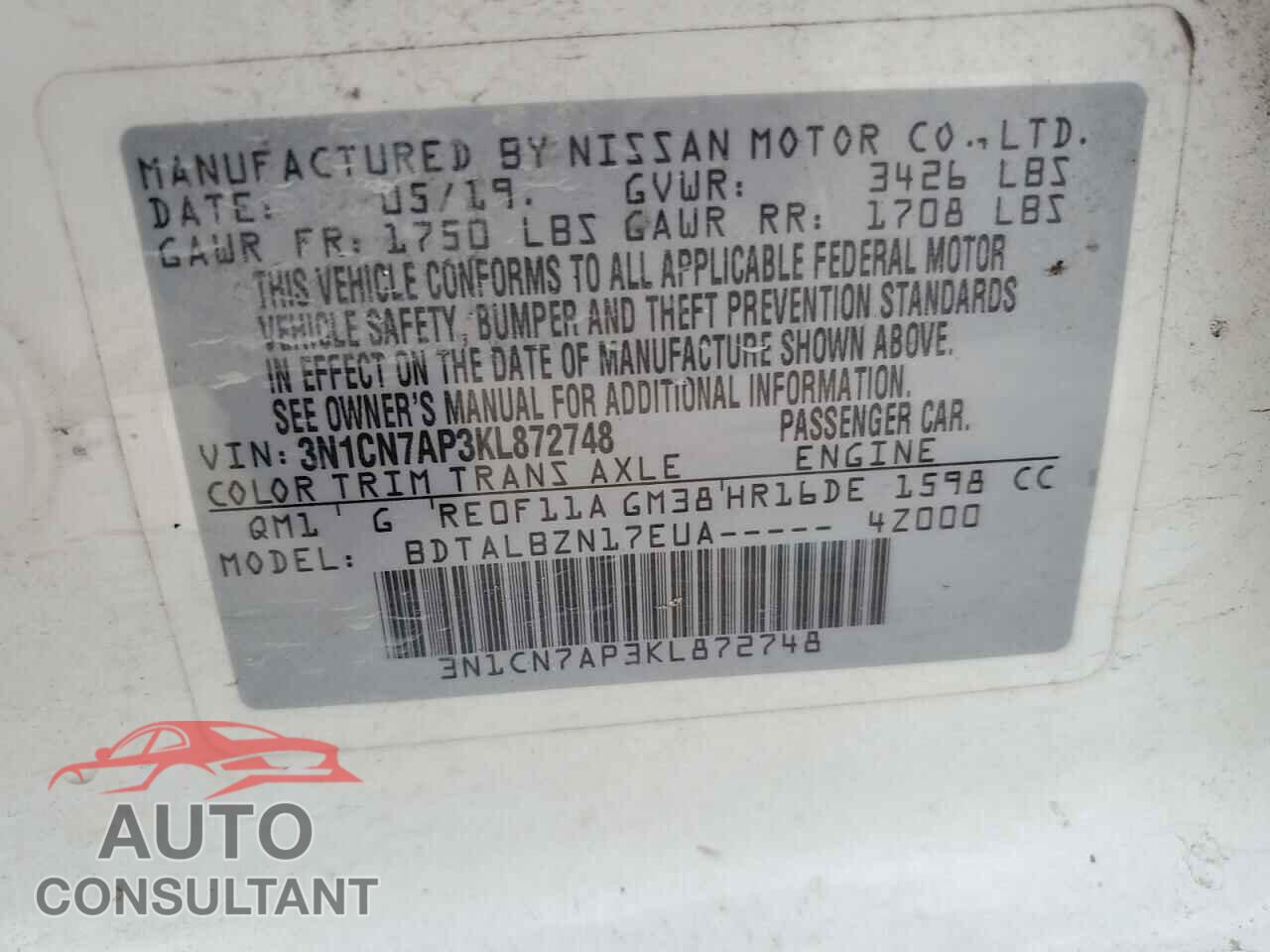 NISSAN VERSA 2019 - 3N1CN7AP3KL872748