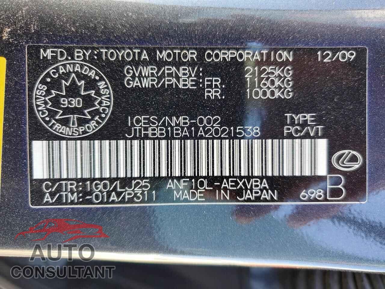 LEXUS HS 2010 - JTHBB1BA1A2021538