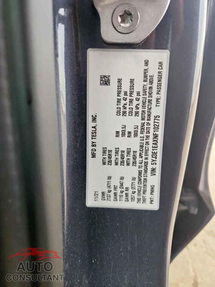 TESLA MODEL 3 2022 - 5YJ3E1EAXNF102775
