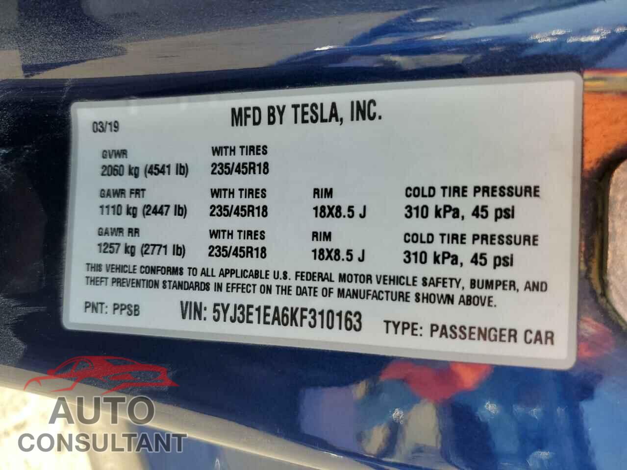 TESLA MODEL 3 2019 - 5YJ3E1EA6KF310163