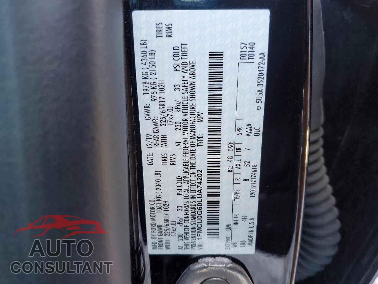 FORD ESCAPE 2020 - 1FMCU0G60LUA74202