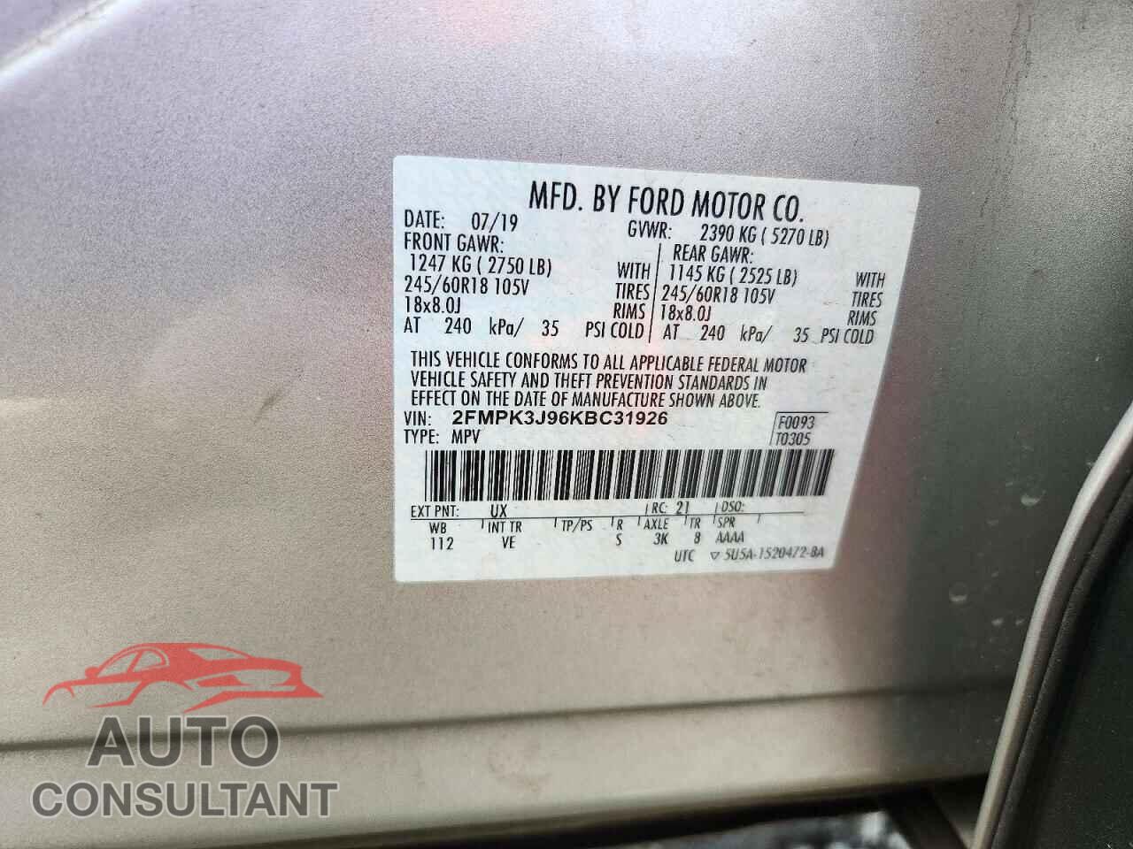FORD EDGE 2019 - 2FMPK3J96KBC31926